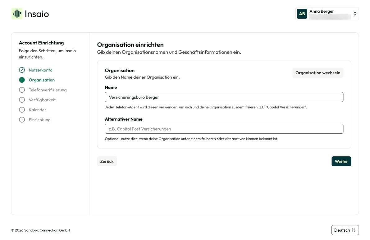 Schritt „Organisation anlegen“ im Einrichtungsassistenten