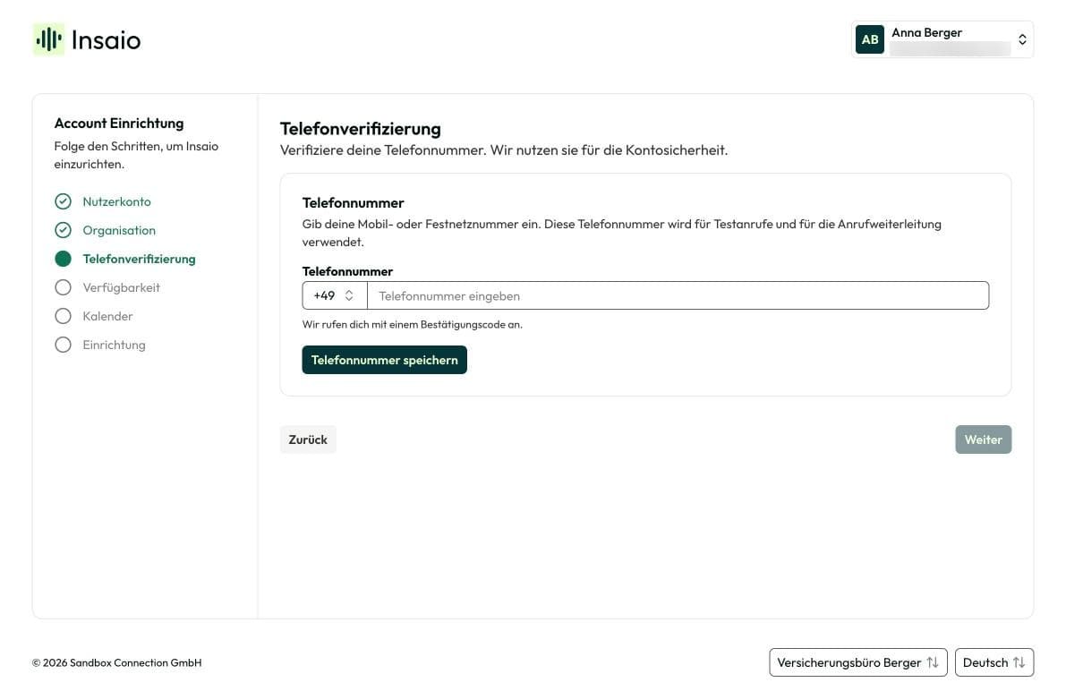 Schritt „Telefonnummer verifizieren“ mit Eingabefeld für den Bestätigungscode
