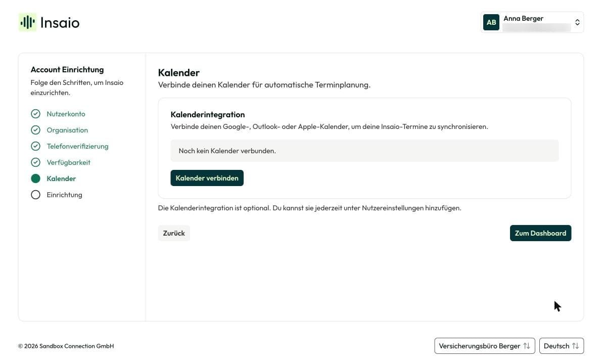 Schritt „Kalender verbinden“ mit Google, Outlook und Apple