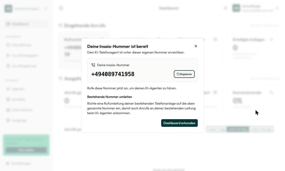 Meldung „Deine Insaio-Nummer ist bereit“ im Dashboard