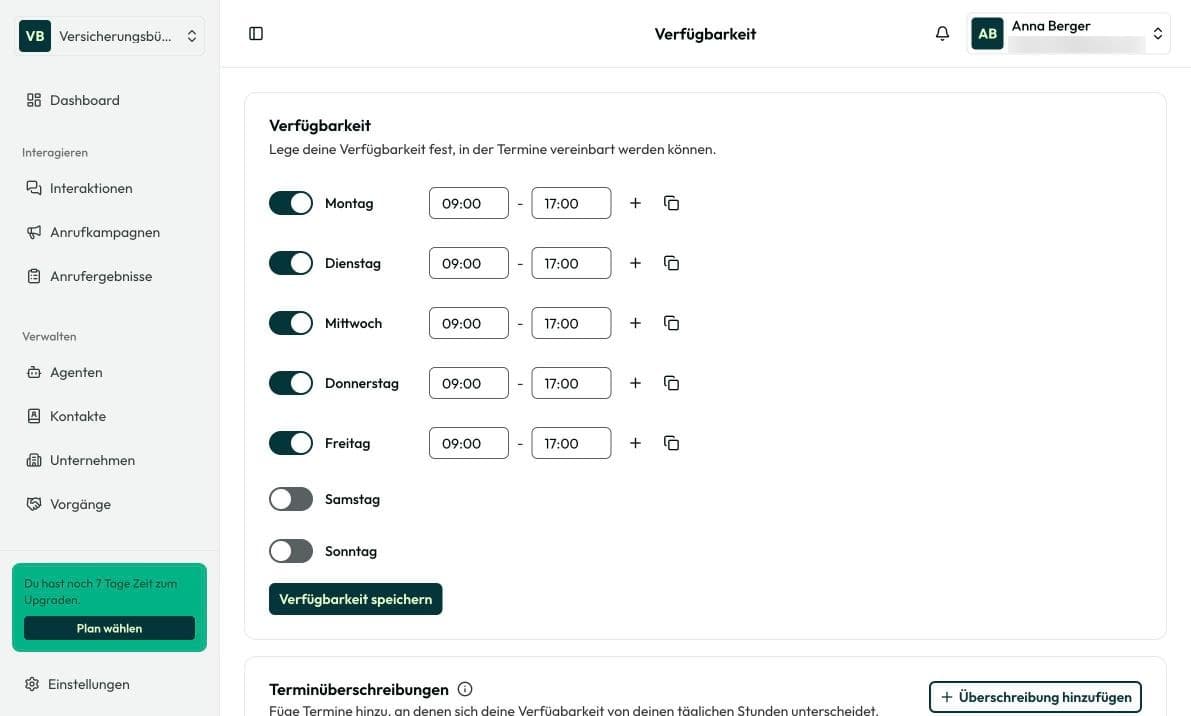 Seite „Verfügbarkeit“ unter Terminieren mit Wochenzeiten und Terminüberschreibungen
