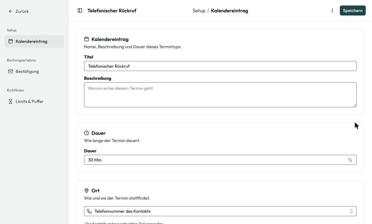 Neuer Termintyp mit Titel, Dauer und Ort