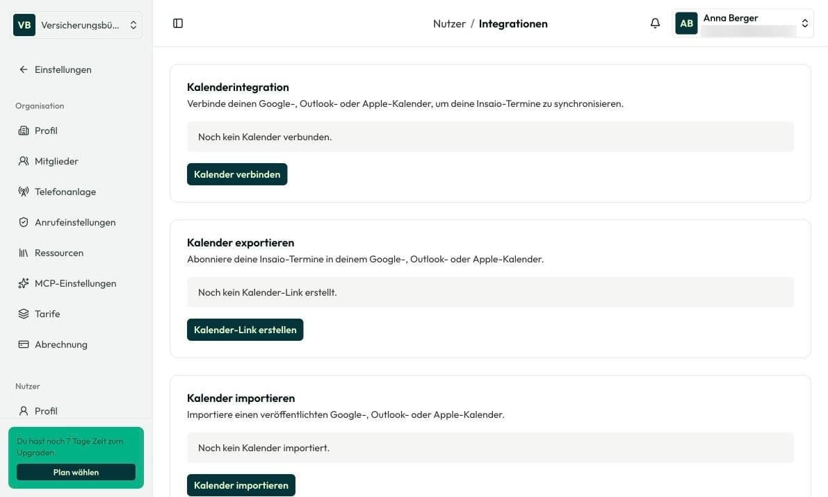 Integrationen unter Einstellungen › Nutzer mit Kalender- und Videokonferenz-Anbietern