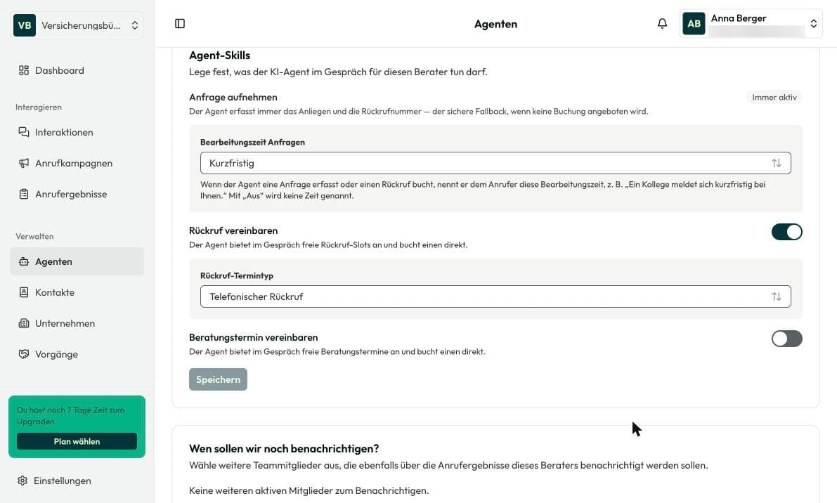 Agent-Skills mit „Rückruf vereinbaren“, „Beratungstermin vereinbaren“ und „Anfrage aufnehmen“
