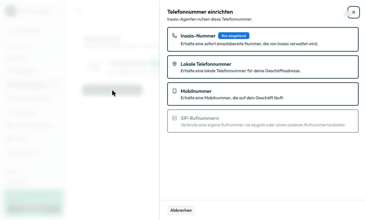 Dialog „Telefonnummer hinzufügen“ unter Einstellungen › Organisation › Telefonanlage