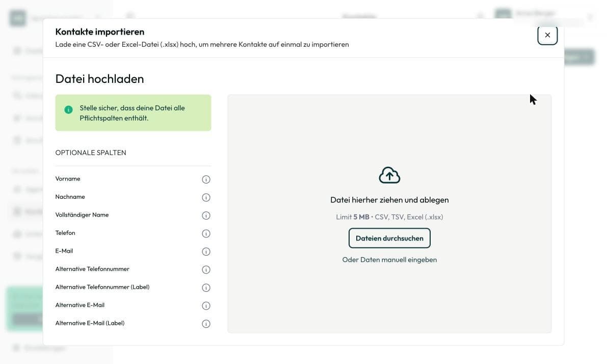 Kontaktliste unter Verwalten › Kontakte mit der Schaltfläche „Kontakt hinzufügen“