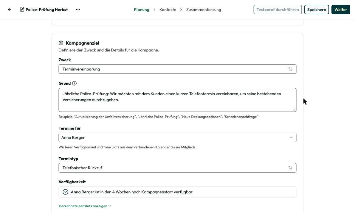 Bereich „Planung“ einer Anrufkampagne mit Start, Anrufversuchen, Zweck und Termintyp