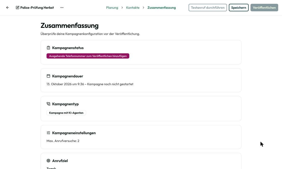 Zusammenfassung einer Anrufkampagne mit „Testanruf durchführen“ und „Veröffentlichen“