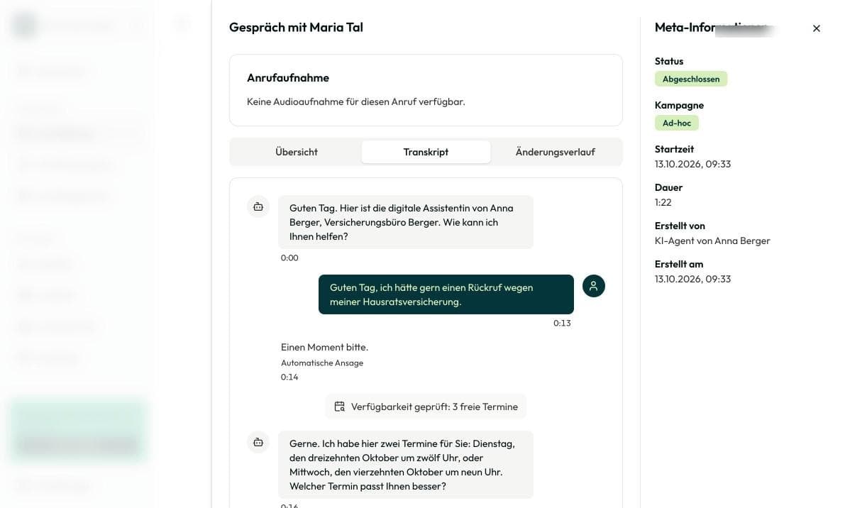 Geöffnetes Gespräch mit Übersicht, KI-Zusammenfassung und Auswertung