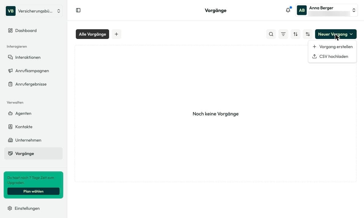 Menü „Neuer Vorgang“ mit „Vorgang erstellen“ und „CSV hochladen“