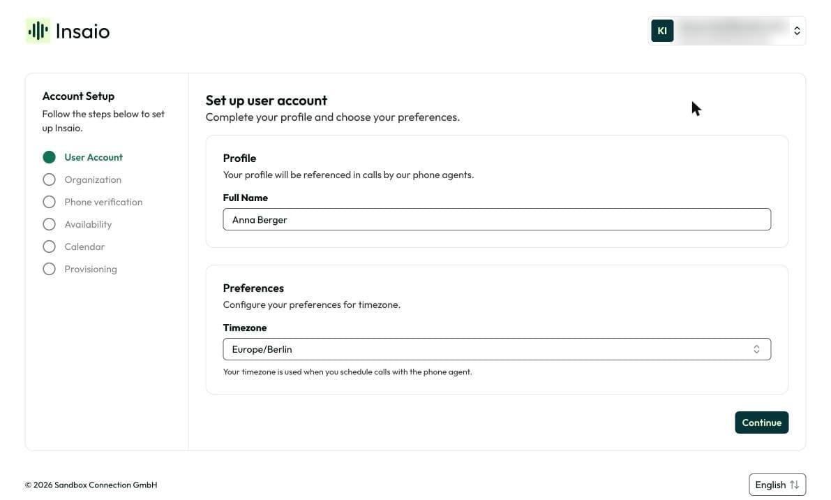 Name and time zone step in the setup wizard