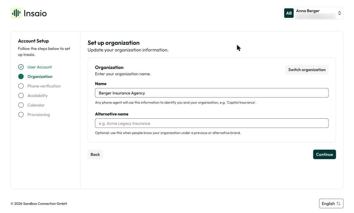 “Create your organization” step in the setup wizard