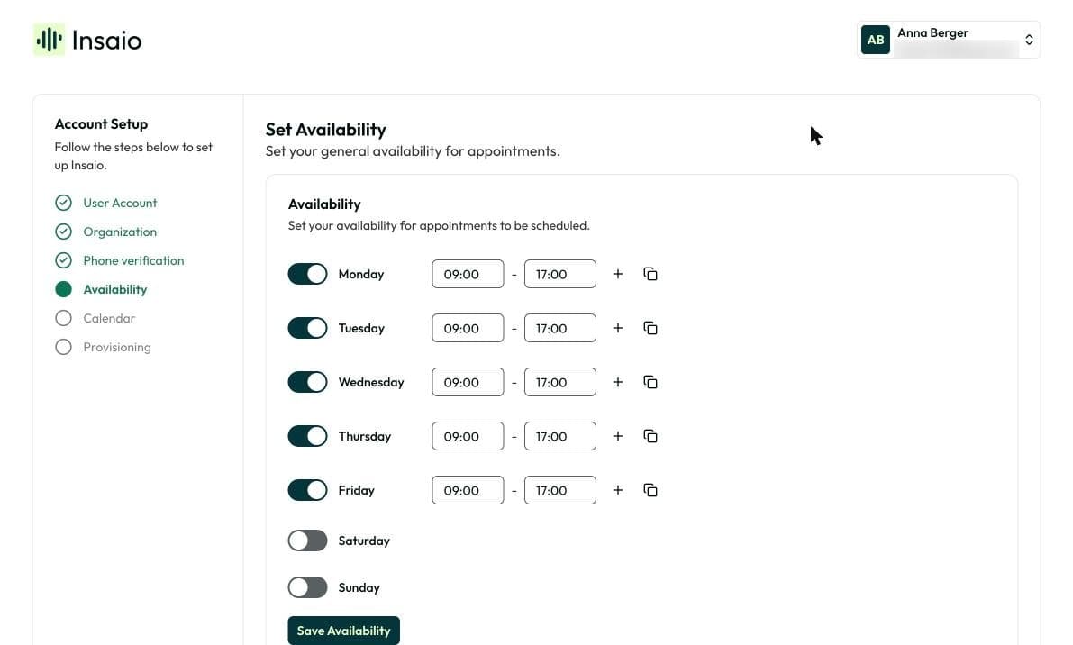 “Set your availability” step with weekdays and working hours