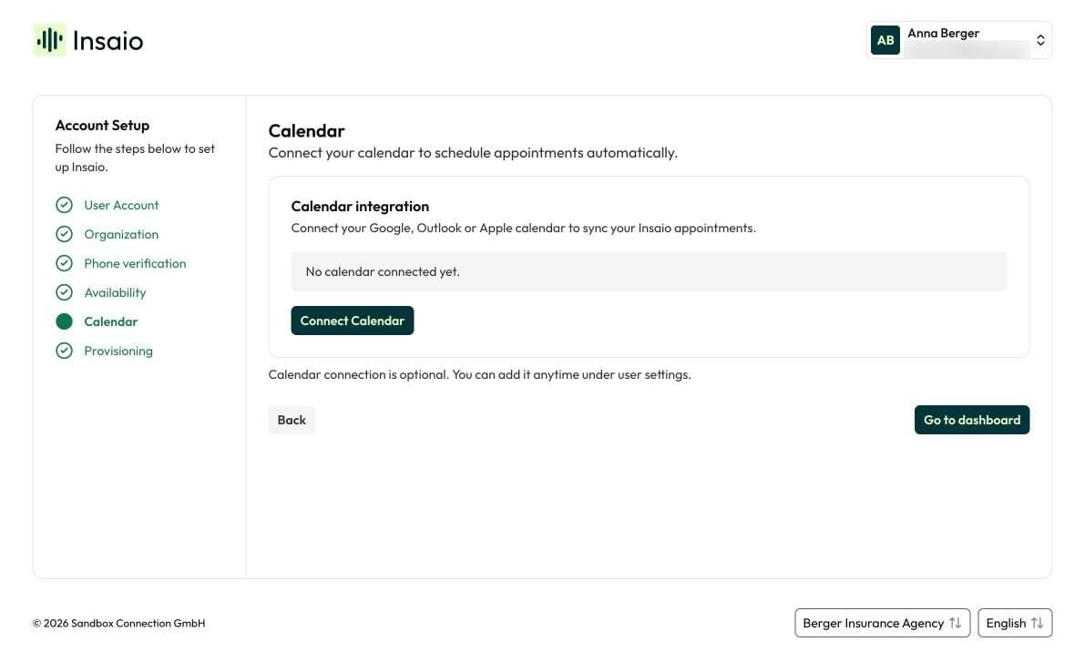 “Connect your calendar” step with Google, Outlook and Apple
