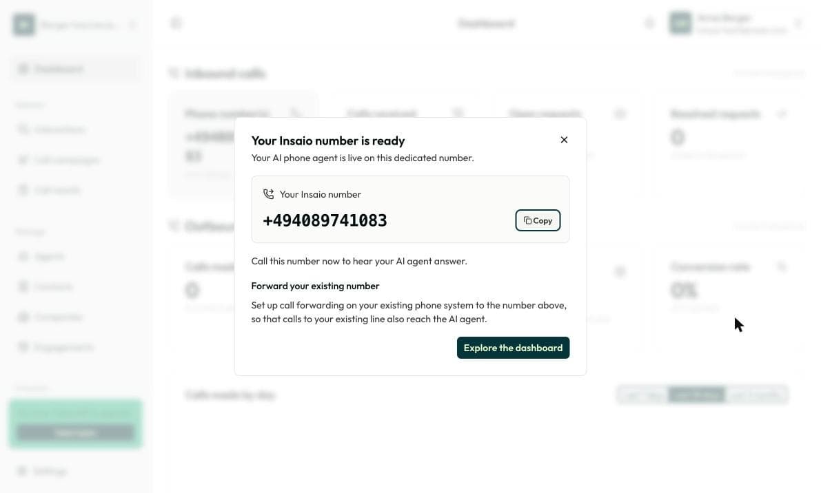 “Your Insaio number is ready” message on the dashboard