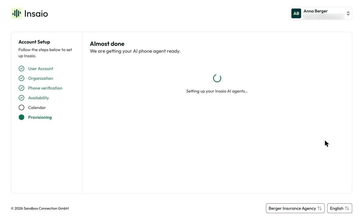 The “Almost done” step: Insaio is setting up your AI agent