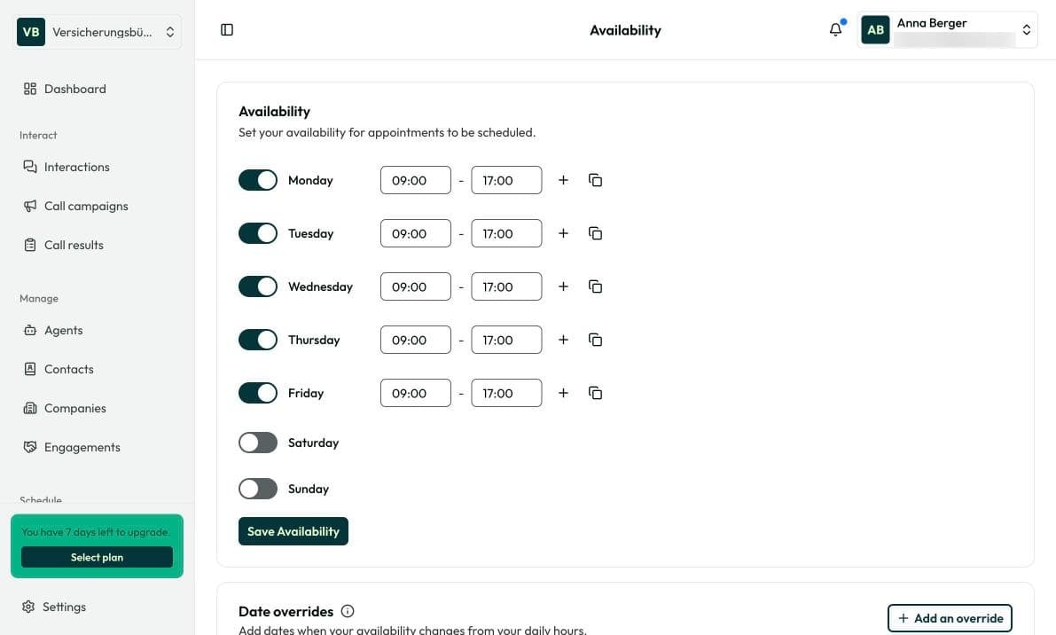 “Availability” page under Schedule with weekly hours and date overrides