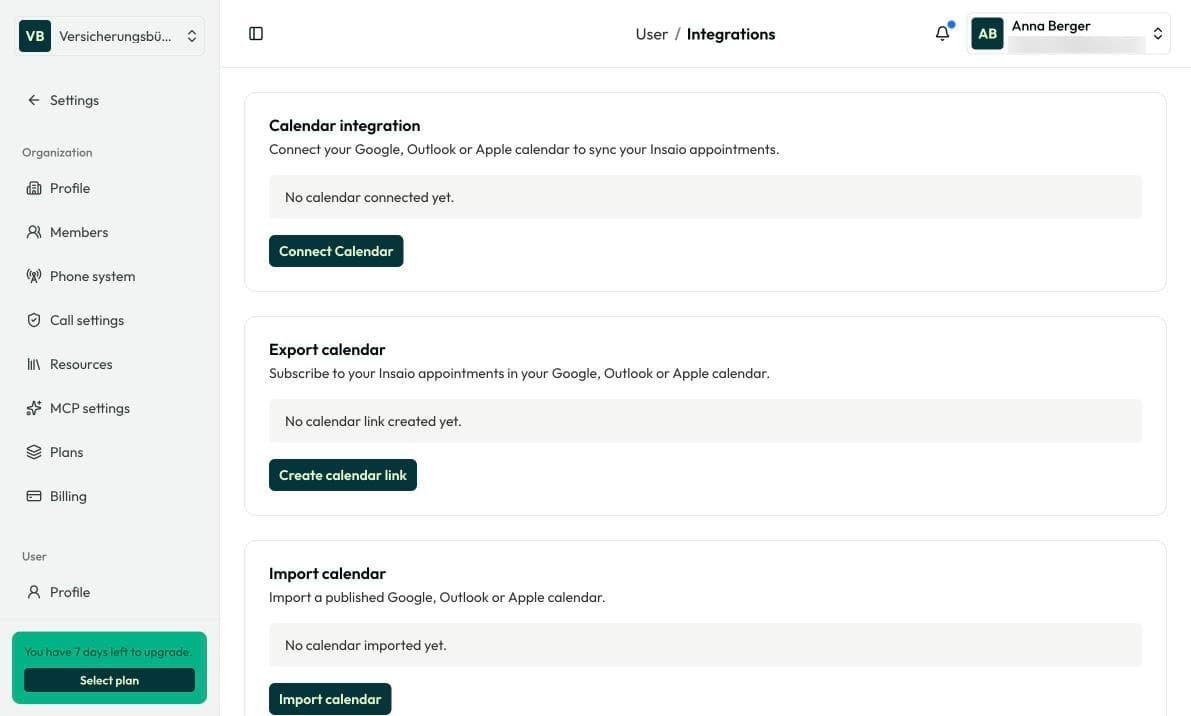 Integrations under Settings › User with calendar and video conferencing providers