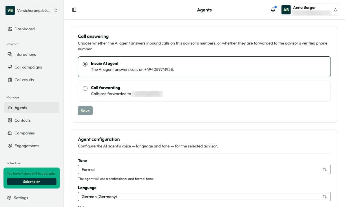 “Call answering” under Manage › Agents with Insaio AI agent and call forwarding