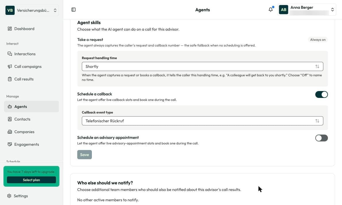 Agent skills with “Schedule a callback”, “Schedule an advisory appointment” and “Take a request”