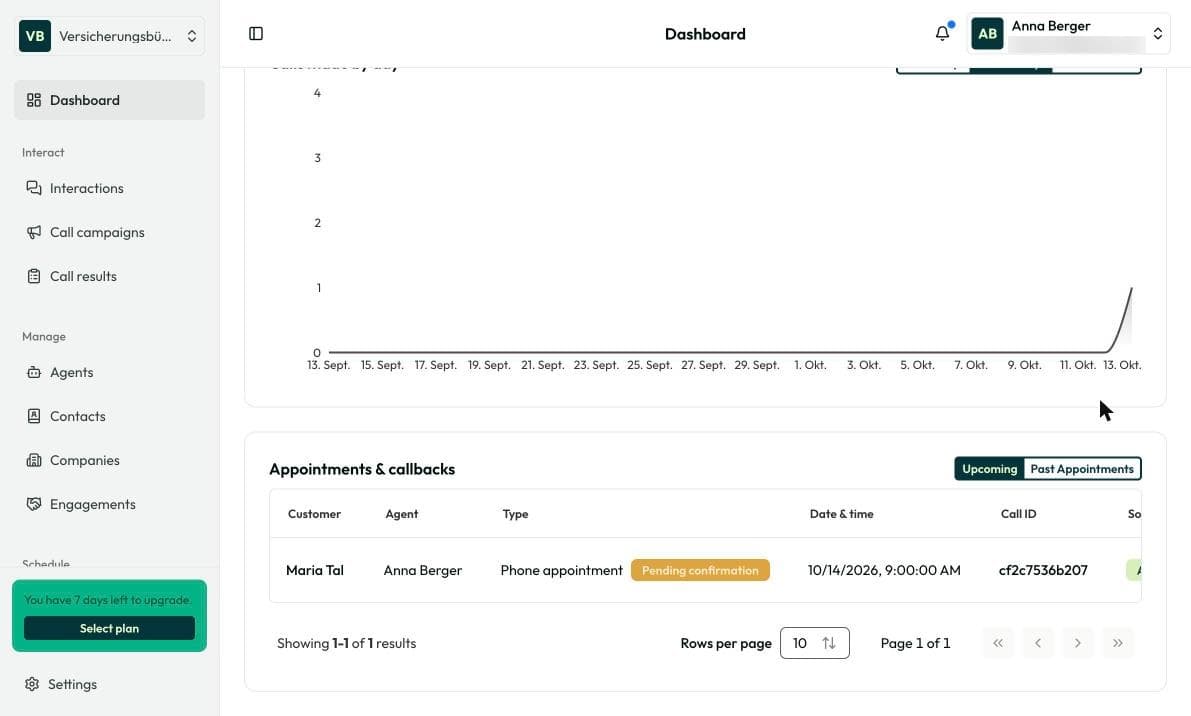 Callback on the dashboard under “Appointments & callbacks” with status “Pending confirmation”
