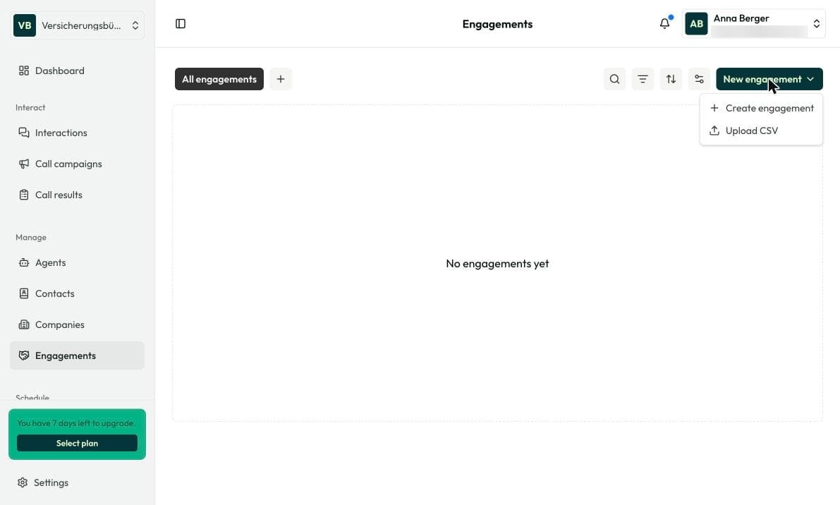 The “New engagement” menu with the options to create an engagement or upload a CSV