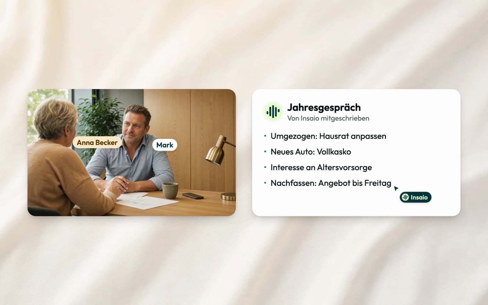 Ein Jahresgespräch zwischen Anna Becker und ihrem Berater Mark, daneben die Notizen von Insaio: umgezogen, neues Auto, Interesse an Altersvorsorge, Angebot bis Freitag