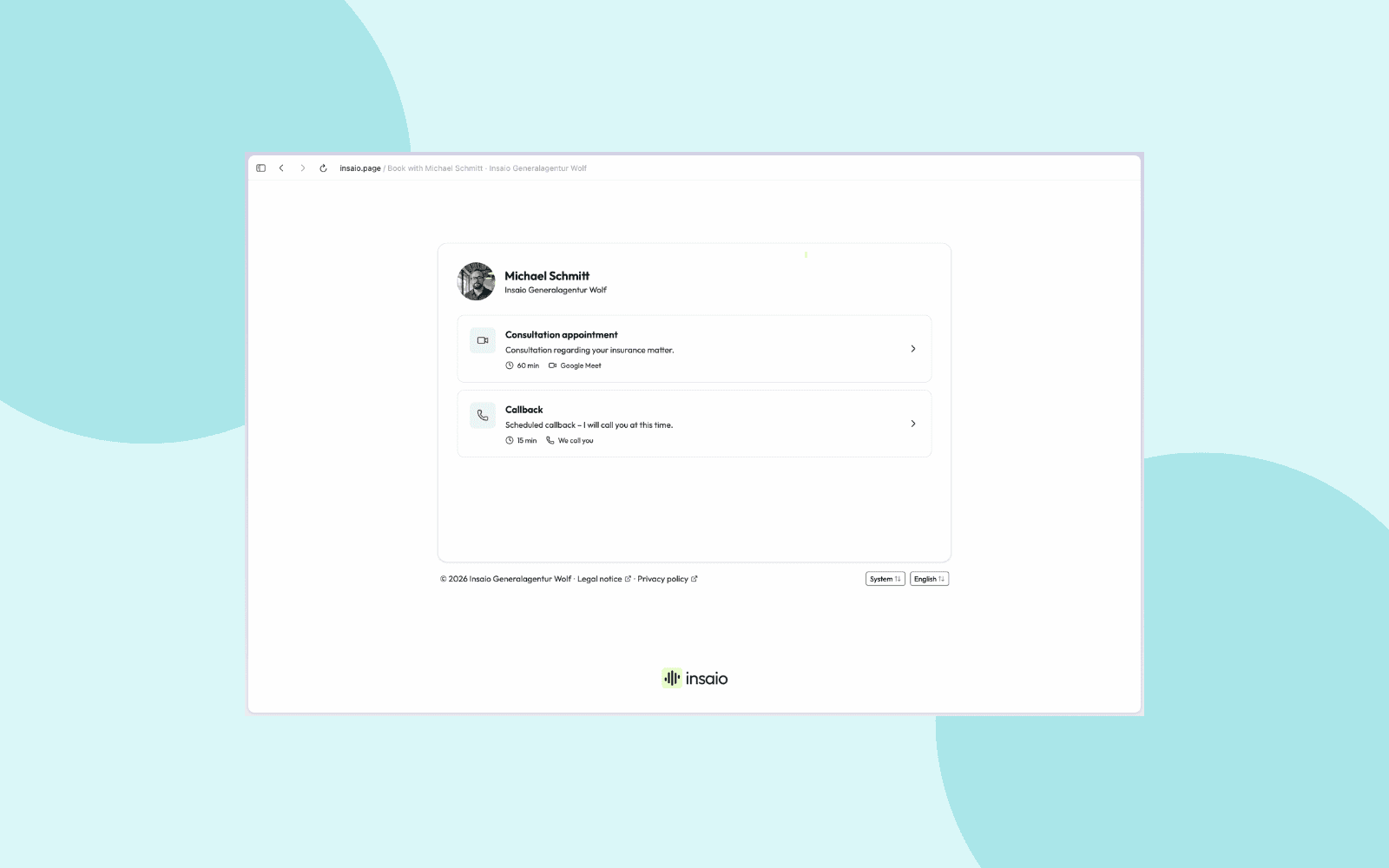 Booking page with the appointment types consultation and callback