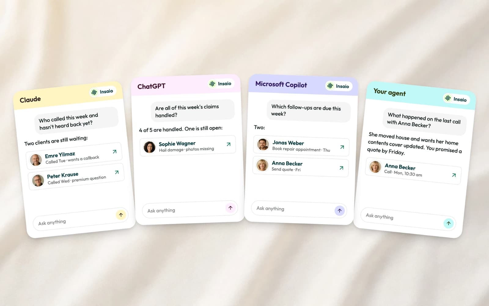 Insaio answering in Claude, ChatGPT, Microsoft Copilot and your own agent: two clients still waiting to hear back, one claim still open with photos missing, two follow-ups due this week, and a summary of the last call with Anna Becker, each linked to the client's record