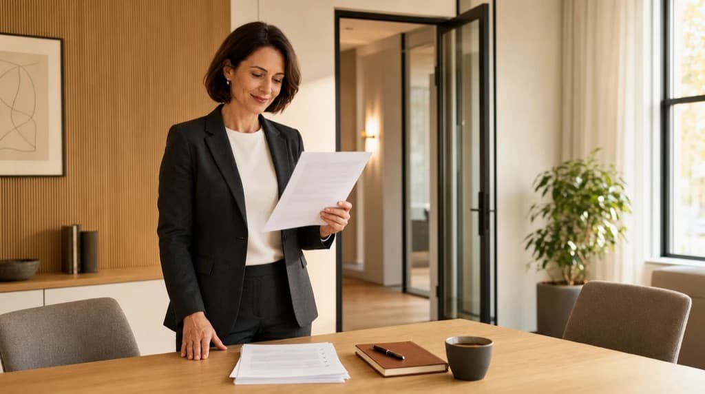 Insurance advisor reading her briefing before a client meeting