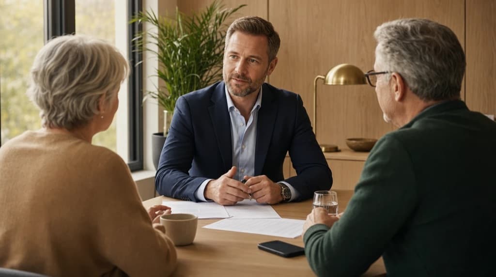Insurance advisor in a client consultation, his phone face-down on the desk